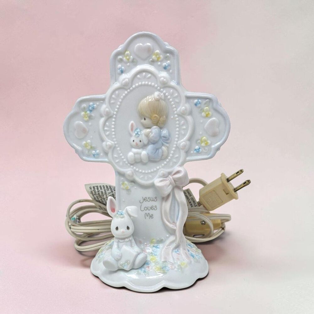1993 Precious Moments Enesco Jesus Loves Me Cross Night Light Lamp Girl Bunny